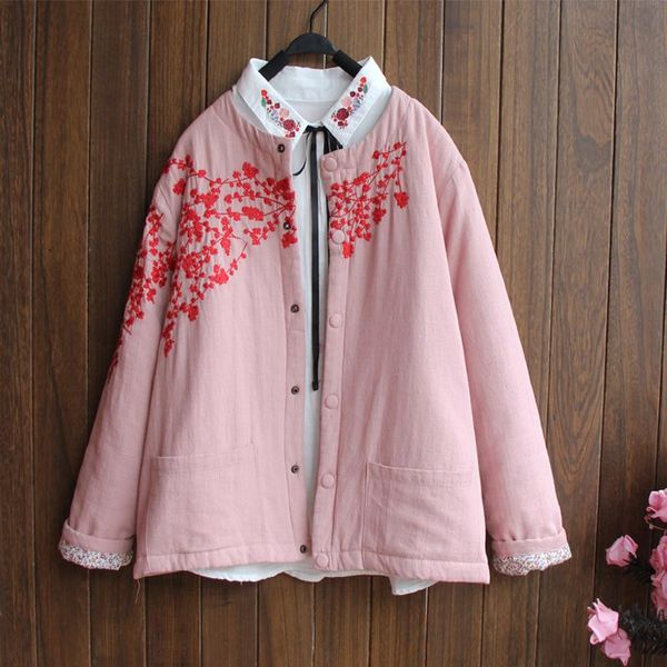 

women's down & parkas retro autumn winter coat thick embroidery flroal pink outerwear 2021 national cotton linen women long sleeve mant, Black