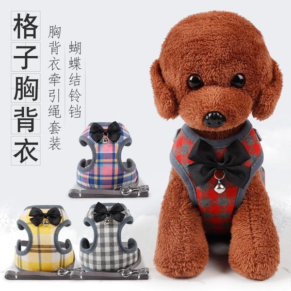 

rope package classic plaid bowknot bra with bell dog leash dog collar