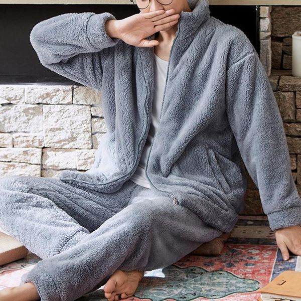 

men's sleepwear 2022 pajamas set autumn winter warm flannel thicken man long sleeve pants casual homewear clothes, Black;brown