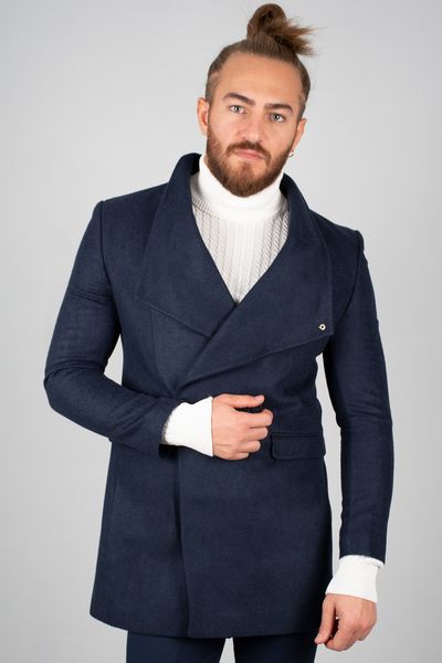 

Male Navy Blue Snap Collar Long Stamp Coat 2002148 93c0, Black;brown