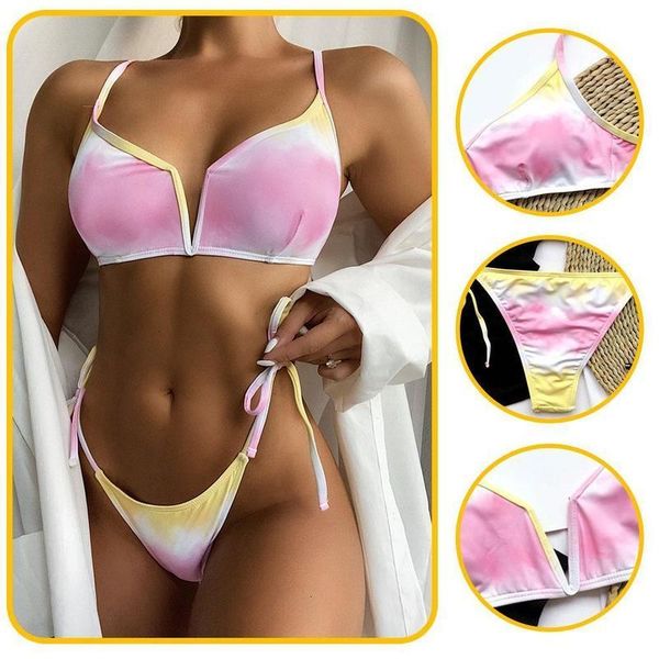 

women tie geverfd double-sided v-shaped bikini split micro badpak houder female shoppers beachwear badmode w8s9, White;black