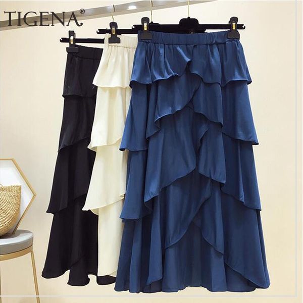 

skirts tigena ruffles layers women fashion 2021 summer high waist pleated midi long skirt female black blue school sun