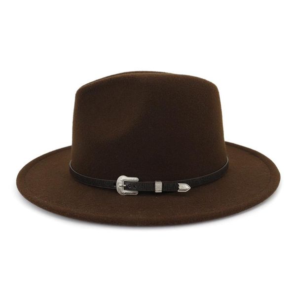 

cloches autumn winter women felt hat black pu leather belt buckle men jazz fedoras for ladies 13colors, Blue;gray