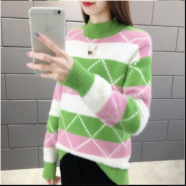 

sweater for women autumn winter block color long sleeve half high christmas sweaters plus size pink blue yellow green, White;black