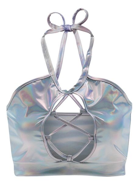 

2021 six color halter hollow out solid bandage shiny pole dance clubwear camisole exotic tank lacing camisole, White