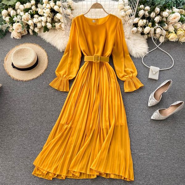 

casual dresses lady fashion autumn round neck solid color pleated chiffon dress women long sleeve elegant vintage harujuku vestidos q040, Black;gray