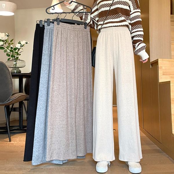 

autumn winter clothes korean version thick knitted woolen high-waist wide-leg pants all-match loose thin casual pants women, Black;white