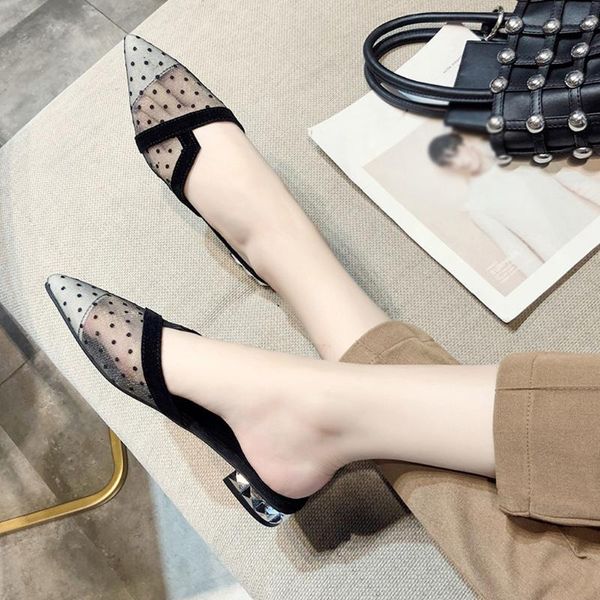 

wholesale women's mesh shoes fashion low-heeled pointed lazy sandals female dot print slippers ladies summer home flip flop, Black