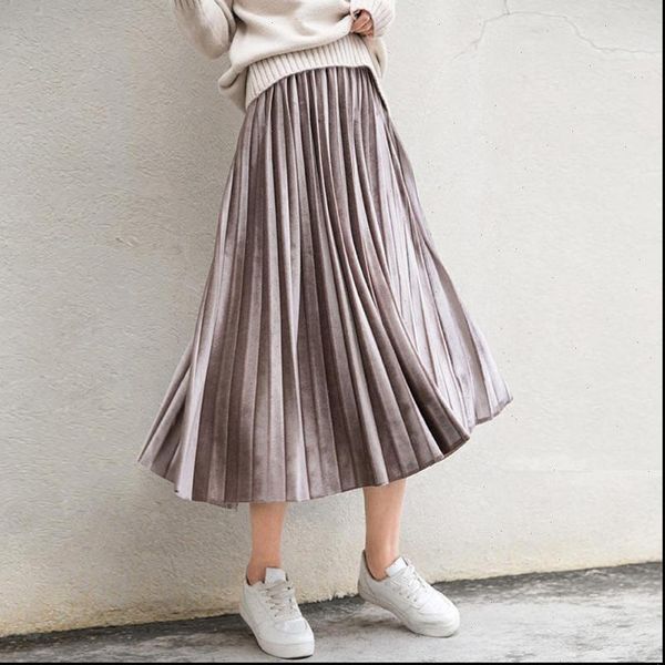 

2021 autumn skirt new south korean style in the long section of solid color velvet vintage accordion pleated skirt ing, Black