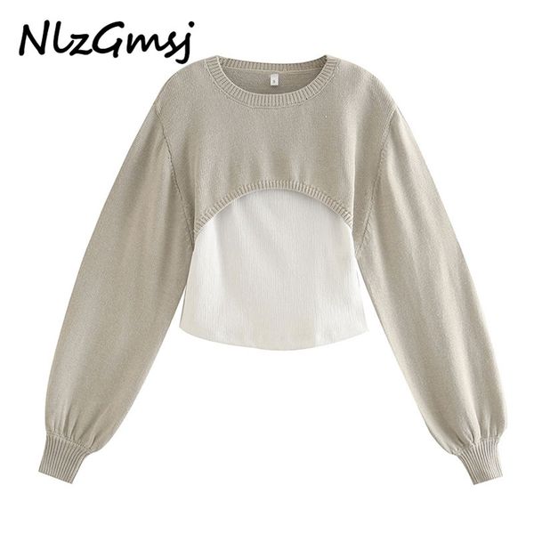 

nlzgmsj women fashion patchwork 2 piece knitted sweater jumper o neck female pullovers chic 210628, White;black