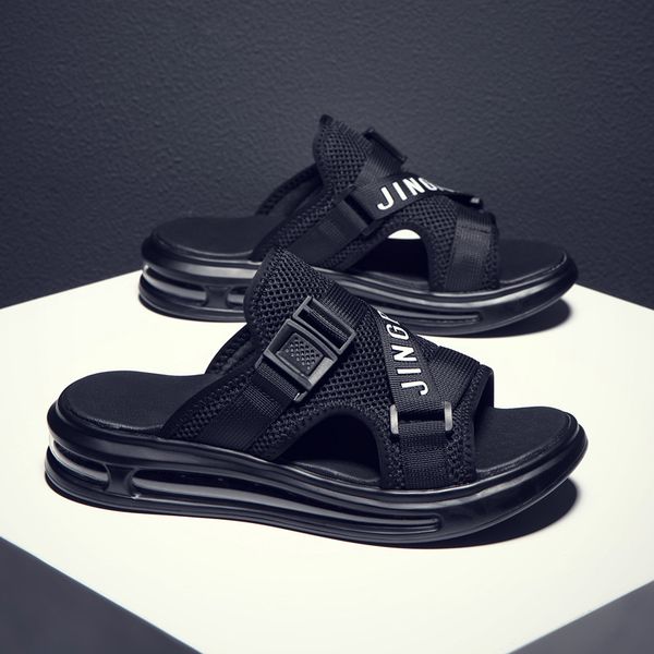 

slippers air cushioned slippers men's summer wear thick bottomed high profile outdoor vietnamese sandals antiskid beach isb0, Black