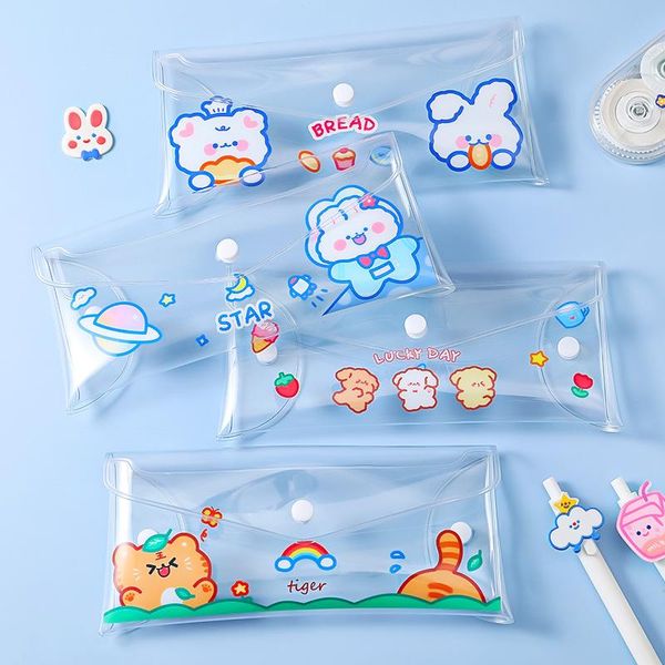 

pencil bags korea cute bear case transparent cartoon pu bag female school supplies japanese kawaii stationery