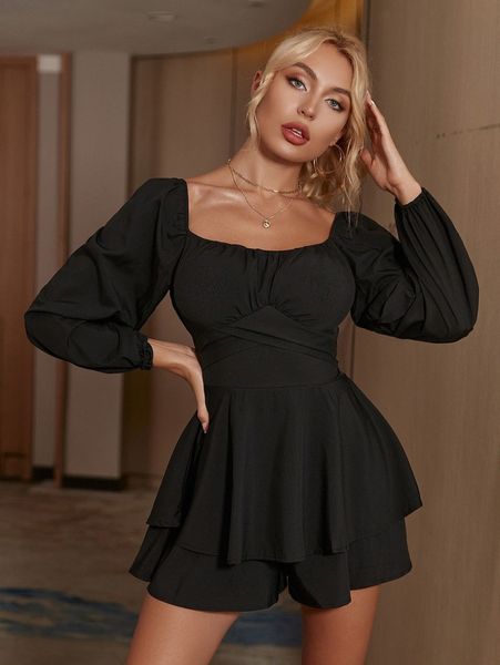 

lantern sleeve overlay waist romper r7k9#, White