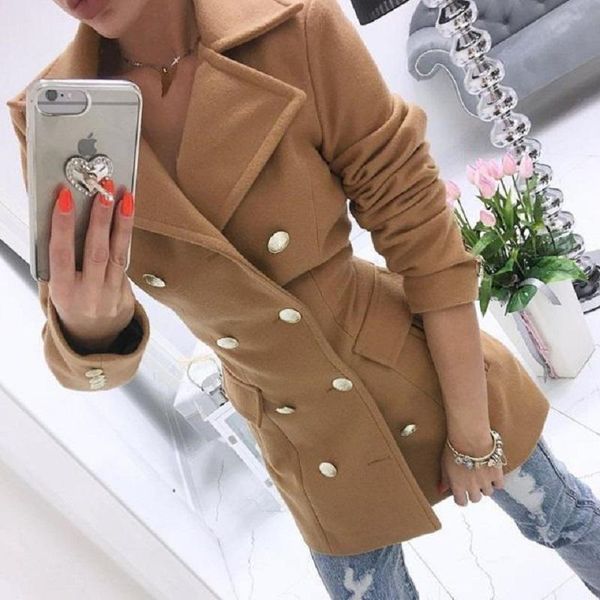 

women's wool & blends fashion women plus size woolen fur coat jackets 2021 winter solid pocket double-breasted lapel slim long cardigan, Black