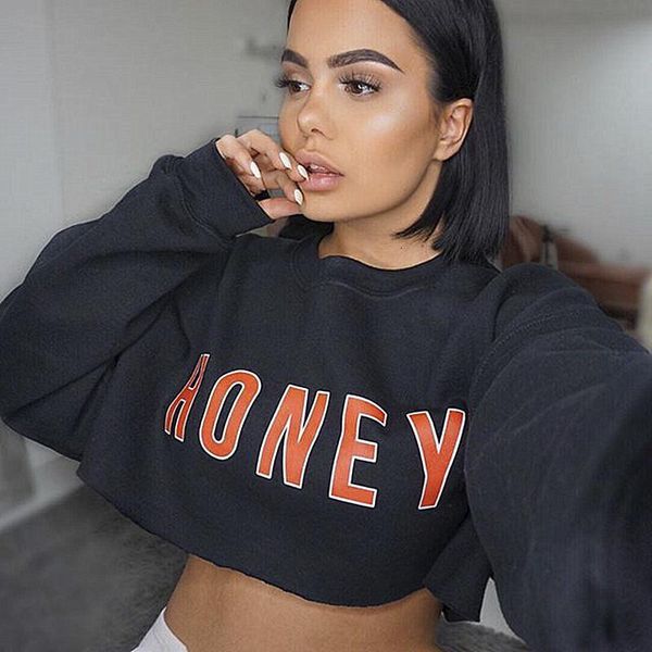 

chic fashion lady casual print honey long sleeve baggy hoodie streetwear crop top, Black
