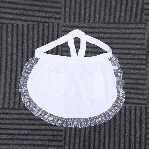 

cotton waist apron lace short apron with pockets for maid waitress servant (white)