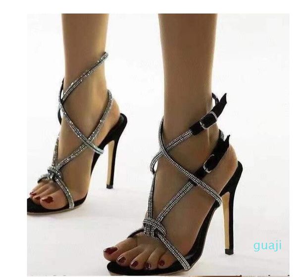 

high-heeled rhinestone sandals rubber one-word buckle with thin heel and open toe one-word buckle with high height, Black