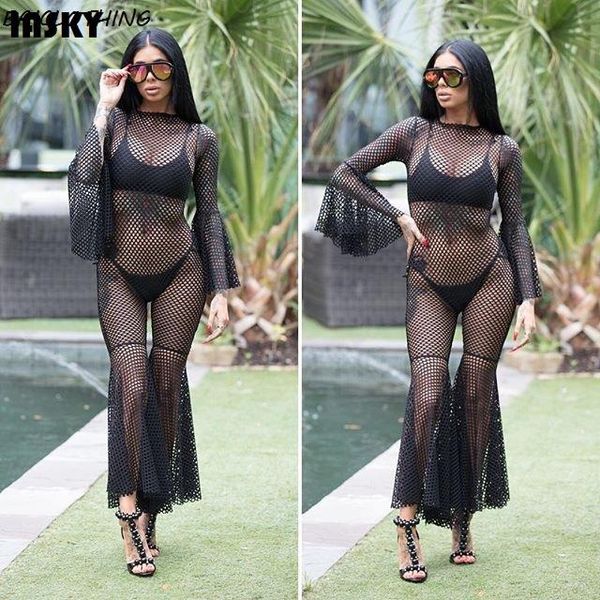 

women's swimwear iasky beach cover ups 2021 hollow mesh bikini swimsuit up flare sleeve ruffle long jumpsuit romper, White;black