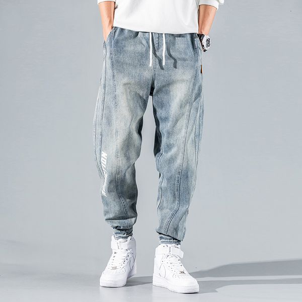 

2021 new japanese vintage fashion men jeans retro light blue loose fit spliced designer denim cargo pants streetwear hip hop joggers f7sm