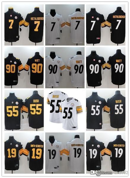

men women youth pittsburgh steelers 19 juju smith-schuster 90 t.j. watt 7 ben roethlisberger 55 devin bush custom football jerseys, Black;red