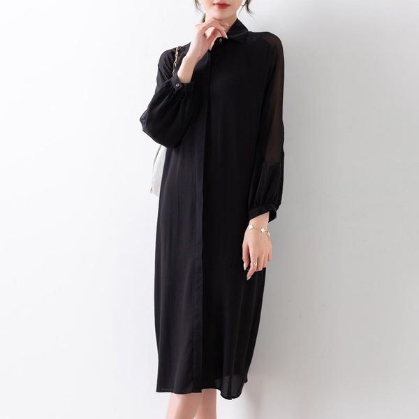 

casual dresses black shirt style silk maxi dress women femme 2021 summer long work boho beach office party luxury plus size, Black;gray