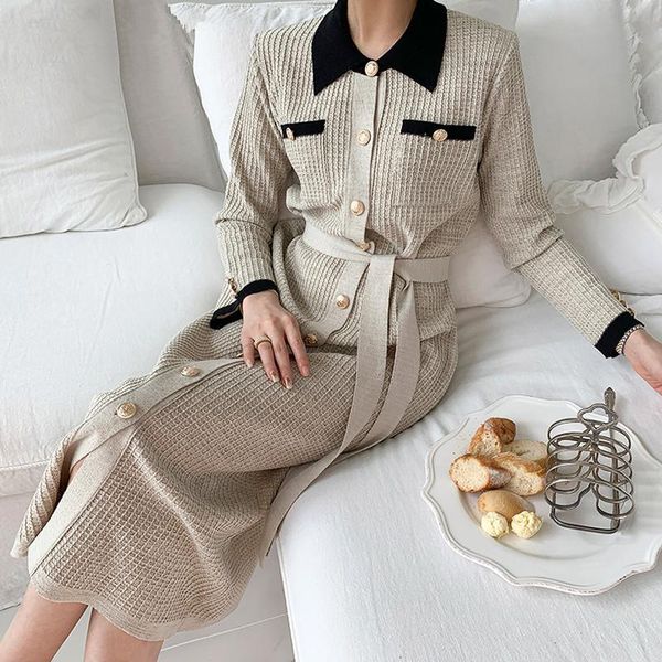 

casual dresses elegant knitted dress woman single-breasted apricot high waist clothing spring long sleeve ol sweater female, Black;gray