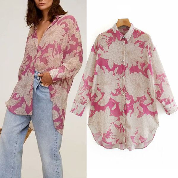 

za fashion chiffon woman blouse red print button up shirts ladies plus size long sleeve women casual tunic lapel collar 210225, White