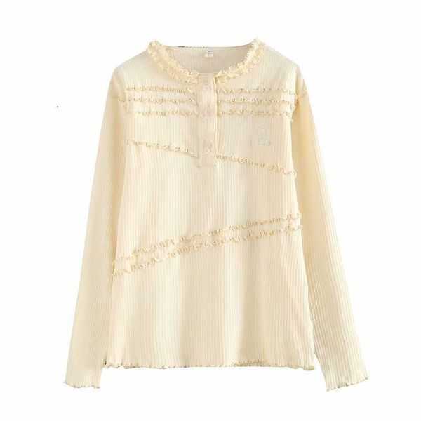 

women's t-shirt kawaii bear cartoon vintage ruffle t shirts women cute ribbed knit soft girls fashion long sleeve aesthetic t, White