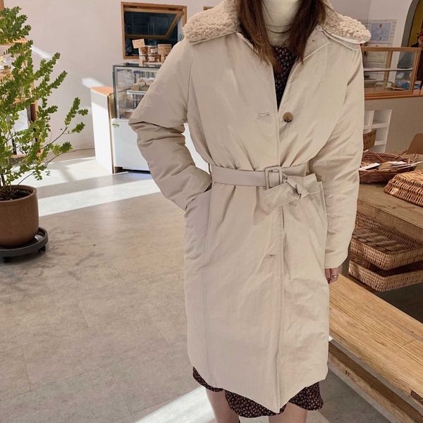 

autumn winter long coats women's korean loose lamb fur collar single breasted thick puffer jacket female with belt 210607, Black