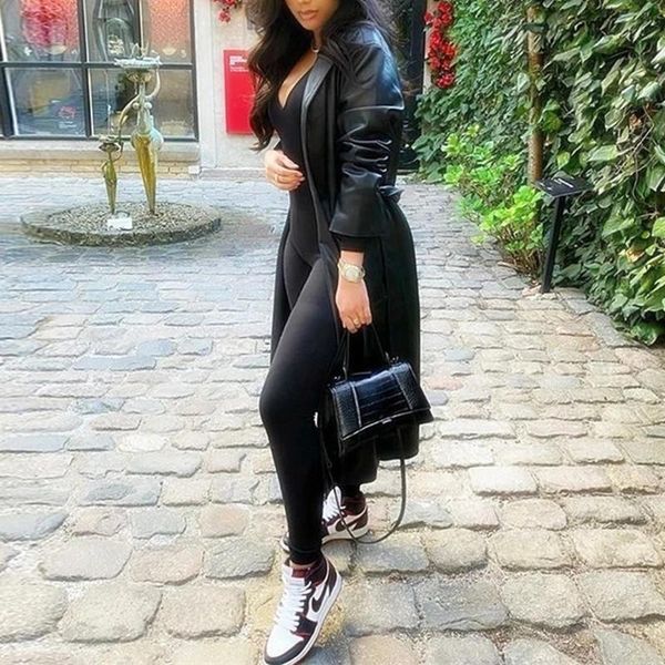 

women's leather & faux spring autumn clothes long women biker jackets black office lady pu coats woman elegant zipper femal fur coat