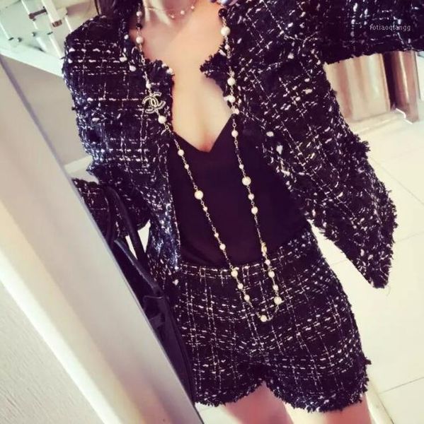 

women's tracksuits suit 2021 spring tweed 2 piece set women slim plaid short fashion fringed trim jacket coat + tassels, Gray