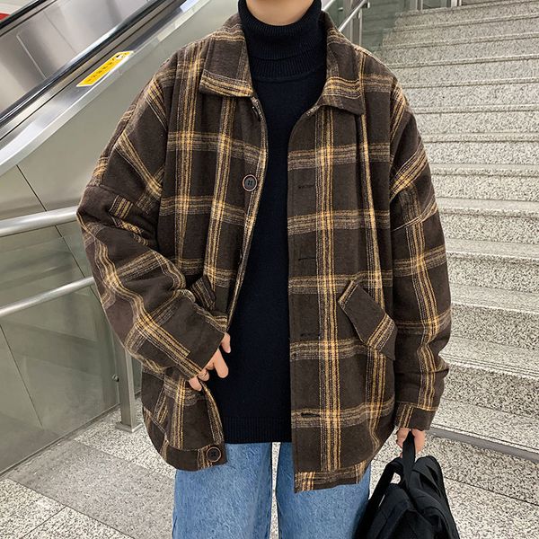

2021 new winter thick men's warm fashion retro casual plaid men korean lamb wool short woolen coat mens overcoat nxkw, Black