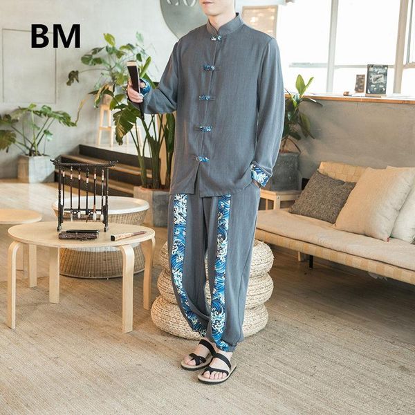 

2021 chinese style fashion patchwork print suit spring autumn retro long sleeve hanfu men clothing harajuku trousers male, Gray