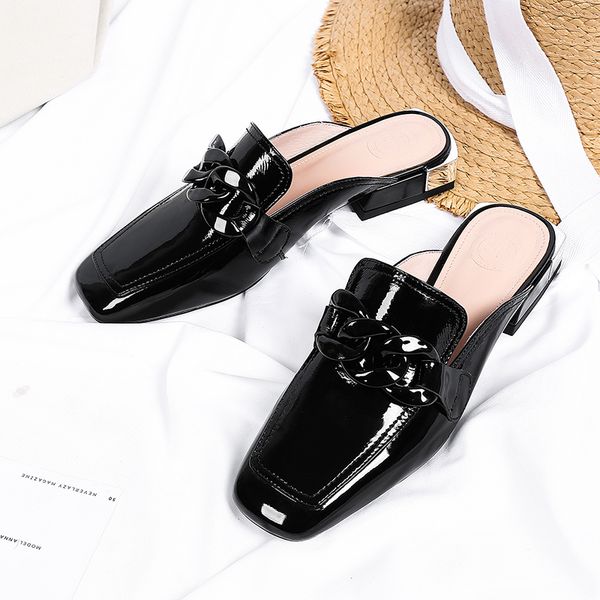

womens genuine patent leather slip-on flats slides summer lsire soft comfortable mules chain female footwear shoesdress shoes, Black