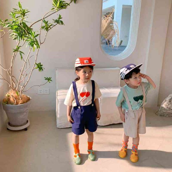 

children casual solid color overalls shorts boys and girls cotton soft straps shorts, Blue