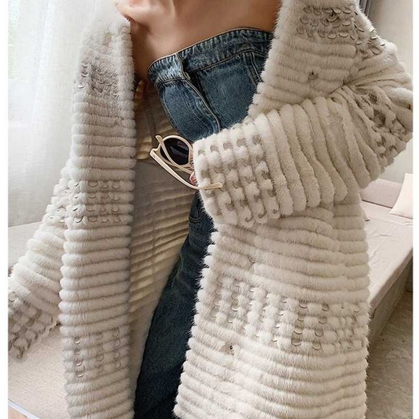 

hdhohr knitted mink fur coats fashion natural mink fur jackets sequin decoration winter female fur parkers 211124, Black