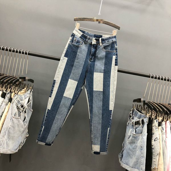 

autumn [ewq] 2021 woman jeans high waist elastic harem pants europen style geometric panelled spliced blue denim trousers x7ue
