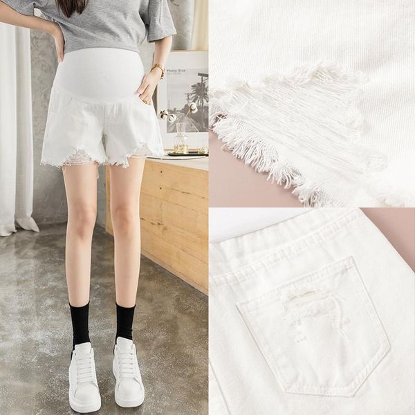 

maternity bottoms 6820# jeans shorts summer white cropped denim pants belly support abdomen elastic waist