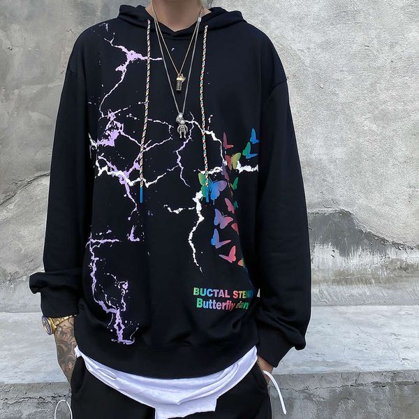 

cotton pullover hip hop streetwear hoodie sweatshirt reflective print hoodie men black