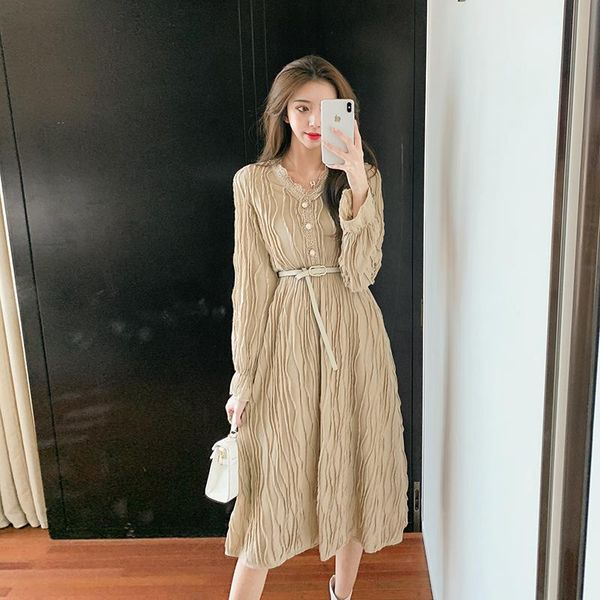 

casual dresses women autumn floral print maxi long sleeve vintage midi vestido sashes v neck fashion korean loose robe, Black;gray