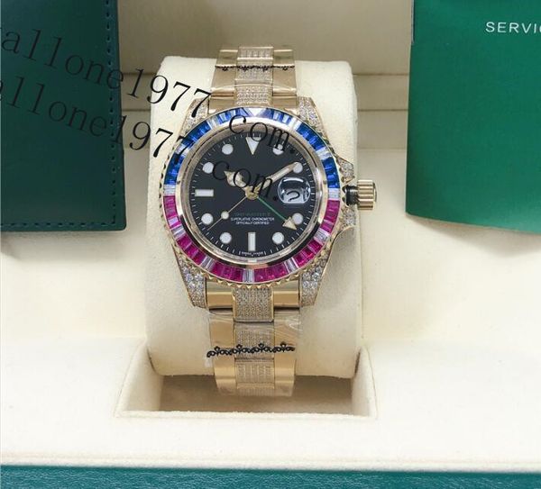 

classic men gmt watch 40mm rainbow full diamond 18k gold automatic mechanical fashion waterproof men's, Slivery;brown
