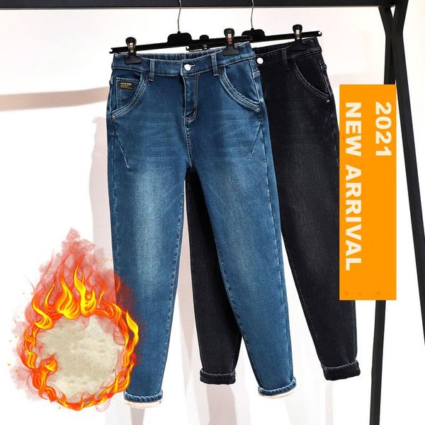 

xl-5xl winter plus velvet jeans for womenthickening denim pants high waist warm trousers female jeans woman pants plus size 2021, Blue