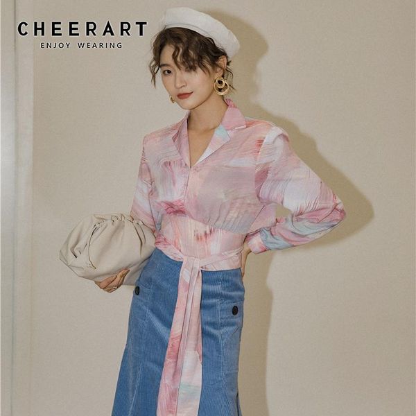

women's blouses & shirts cheerart impression sunrise pink designer blouse women bandage notched tunic ladies long sleeve shirt high fas, White