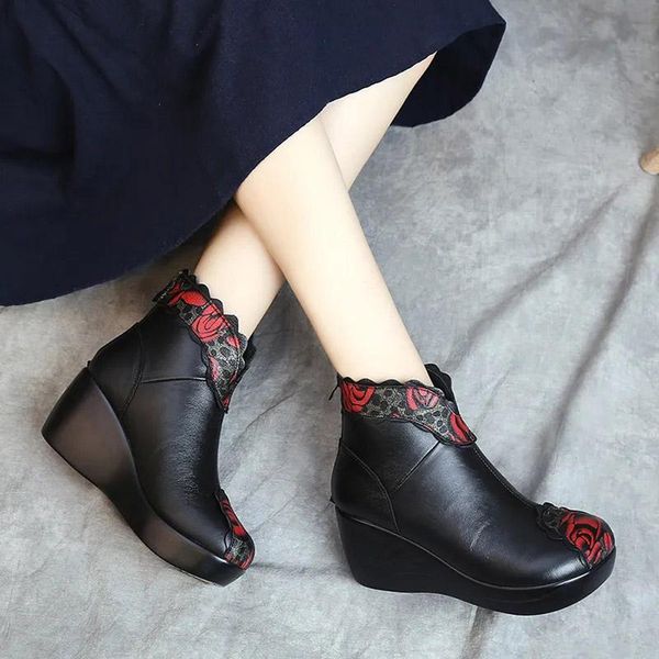 

boots wedge-heel soft-soled women's ethnic style retro single autumn and winter platform short, Black