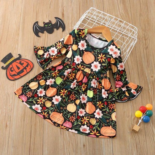 

girl's dresses 2021 fall girls dress floral ruffle flare sleeve christmas toddler kids baby thanksgiving halloween pumpkin, Red;yellow