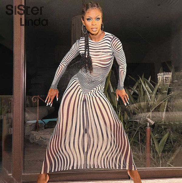 Zebra Stampa Manica Lunga Sottile Aderente Sexy Maxi Vestito Autunno Donne Sheer Stripe Streetwear Party Club Vestito Femminile Y2K Abiti 2021 Y1006