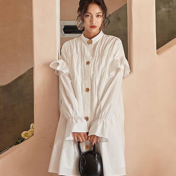 

fashion solid color stand collar long sleeve ruffled pleated woman dress casual simple tide autumn dresses tv379, Black;gray