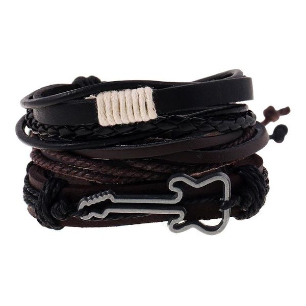 

charm bransoletki 3 sztuk / zestaw boho gypsy hippie punk dark brown black leather guitar wrap knot warstwy zestaw dla man wrist biÅ¼uteria, Golden;silver