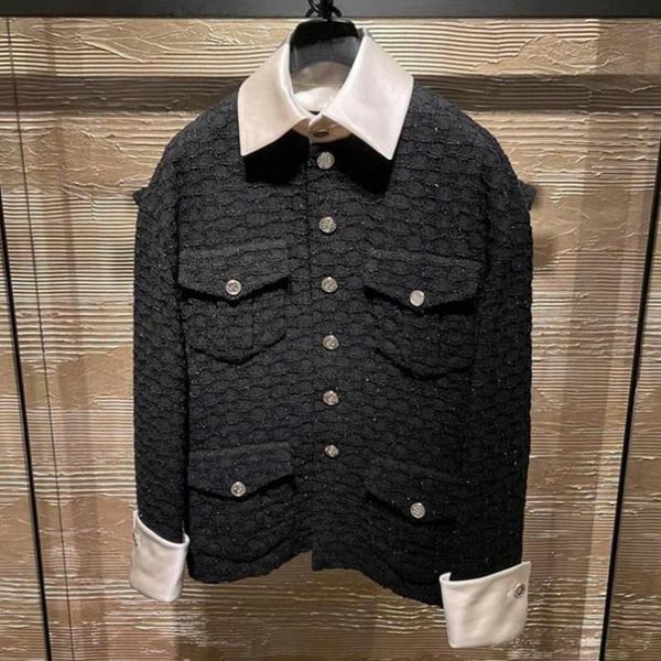 

women's jackets heavy industry autumn bright silk tweed jacket women small fragrance loose contrast color fake two-piece outwear, Black;brown