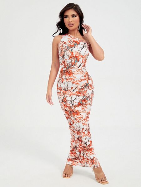 

marble print one shoulder ruched bodycon dress 75tb#, Black;gray